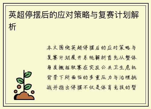 英超停摆后的应对策略与复赛计划解析 英超停摆后的应对策略与复赛计划解析