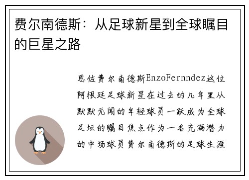 费尔南德斯：从足球新星到全球瞩目的巨星之路