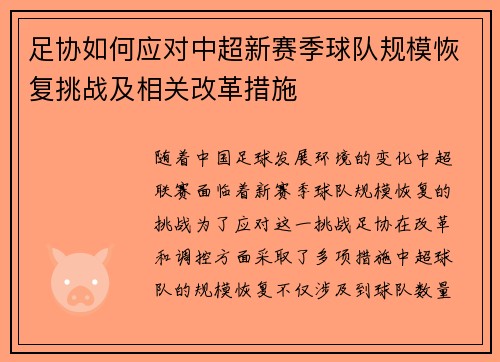 足协如何应对中超新赛季球队规模恢复挑战及相关改革措施